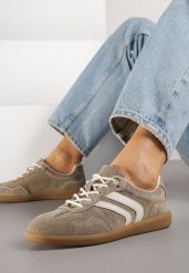 Ciemnobeżowe Sneakersy w Stylu Tenisówek ze Skórzaną Wkładką z Geometrycznym Zdobieniem Melamira. Brązowe obuwie sportowe damskie Born2be, z jeansu, bez zapięcia, tenisowe. Za 189.99 zł.