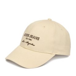 Czapka z daszkiem Guess Jeans. Brązowe czapki z daszkiem damskie Guess Jeans, z aplikacjami, z jeansu. Za 79.99 zł.