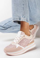 Różowe Sneakersy na Grubej Podeszwie Zdobione Brokatem i Metaliczną Wstawką Seravi. Czerwone obuwie sportowe damskie Born2be, bez zapięcia. Za 99.99 zł.