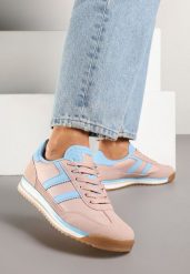 Różowo-Niebieskie Sneakersy Ozdobione Paskami Eranelia. Czerwone obuwie sportowe damskie Born2be, z jeansu, bez zapięcia. Za 99.99 zł.