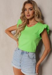Jasnozielona Bawełniana Bluzka z Falbankami przy Ramionach Marissela. Zielone bluzki damskie Renee, l, bez wzorów, z bawełny, bez kołnierzyka, bez ramiączek. Za 39.99 zł.
