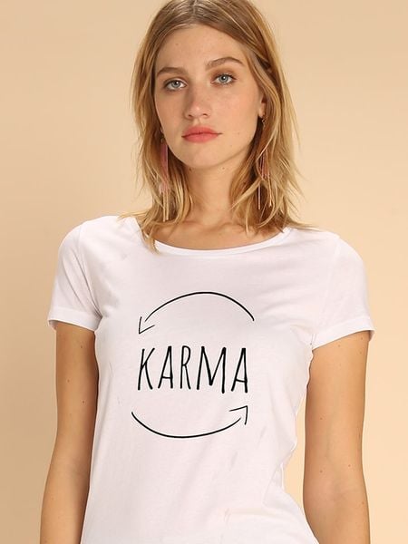 WOOOP Koszulka "Karma" w kolorze białym rozmiar: XL. Białe bluzki damskie Wooop, xl, bez wzorów, z bawełny, bez kołnierzyka, bez ramiączek. Za 56.99 zł.