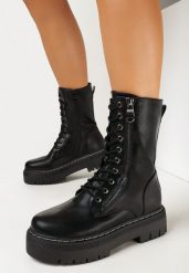 Czarne Botki Workery na Platformie Santelia. Czarne botki damskie Born2be, eleganckie, bez obcasa, na platformie, bez zapięcia. Za 169.99 zł.