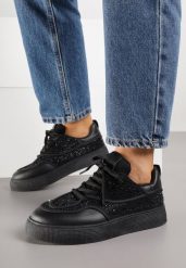Czarne Sneakersy na Grubej Podeszwie z Cyrkoniami Catith. Czarne obuwie sportowe damskie Born2be, z jeansu, bez zapięcia. Za 119.99 zł.