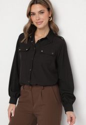 Czarna Koszula z Wiskozą i Ozdobnymi Pagonami Beliven. Czarne koszule damskie Born2be, l, bez wzorów, z jeansu, eleganckie, bez kołnierzyka, bez ramiączek. Za 69.99 zł.