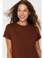 Trendyol Koszulka w kolorze brązowym rozmiar: L. Brązowe bluzki damskie Trendyol, l, bez wzorów, z bawełny, bez kołnierzyka, bez ramiączek. Za 34.99 zł.