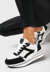 Biało-Czarne Sneakersy na Grubej Podeszwie z Błyszczącymi Wstawkami i Sznurowaniem Lirevasa. Białe obuwie sportowe damskie Born2be, bez zapięcia. Za 109.99 zł.