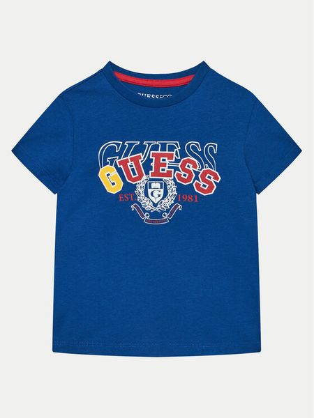 Guess T-Shirt N5RI00 K8HM4 Niebieski Regular Fit. Niebieskie t-shirty i koszulki chłopięce Guess, z aplikacjami, z bawełny, bez kołnierzyka, bez ramiączek. Za 49.99 zł.