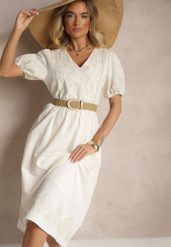 Biała Rozkloszowana Sukienka z Bawełny w Stylu Boho z Haftowanymi Zdobieniami Lannilsa. Białe sukienki damskie Renee, z aplikacjami, z bawełny, boho, bez ramiączek. W wyprzedaży za 119.99 zł.
