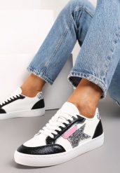 Biało-Czarne Sneakersy z Brokatowymi Wstawkami i Gwiazdką Reniva. Białe obuwie sportowe damskie Renee, bez zapięcia. Za 74.99 zł.