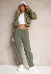 Ciemnozielone Spodnie z Bawełny High Waist Galili. Zielone spodnie materiałowe damskie Renee, bez wzorów, z bawełny. Za 119.99 zł.
