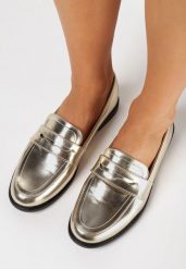 Złote Eleganckie Mokasyny z Krótkim Paskiem z Wycięciem Vanamia. Żółte mokasyny damskie Born2be, bez obcasa. Za 84.99 zł.