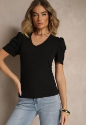 Czarny T-shirt z Trójkątnym Dekoltem Sunille. Czarne t-shirty damskie Renee, m, bez wzorów, z jeansu, bez kołnierzyka. Za 34.99 zł.