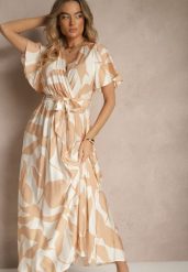 Jasnobeżowa Rozkloszowana Sukienka z Wiskozy z Kopertowym Dekoltem i Paskiem Kerriana. Brązowe sukienki damskie Renee, bez wzorów, z wiskozy, eleganckie, bez ramiączek. W wyprzedaży za 50.99 zł.