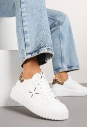 Białe Panterkowe Sneakersy na Platformie z Tłoczeniem i Brokatową Wstawką Nuselin. Białe obuwie sportowe damskie Renee, z jeansu, bez zapięcia. Za 74.99 zł.