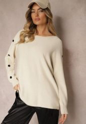 Jasnobeżowy Sweter z Wiskozą i Bawełną Ozdobiony Guzikami Ciavonne. Brązowe swetry klasyczne damskie Renee, l, z bawełny, bez kołnierzyka. Za 69.99 zł.