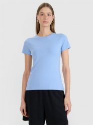 4F T-shirt slim z nadrukiem damski - granatowy M. Niebieskie t-shirty damskie 4F, m, bez wzorów, z bawełny, bez kołnierzyka. Za 49.99 zł.