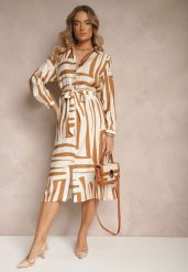 Beżowa Sukienka z Wiskozą o Koszulowym Kroju w Geometryczny Print Ninatria. Brązowe sukienki damskie Renee, bez wzorów, z wiskozy, eleganckie, bez ramiączek. W wyprzedaży za 107.99 zł.
