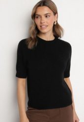 Czarny Sweter z Wełną z Krótkim Rękawem Dannoria. Czarne swetry klasyczne damskie Born2be, uniwersalny, z jeansu, bez kołnierzyka. Za 149.99 zł.