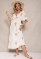 Beżowa Kopertowa Sukienka z Lnu i Wiskozy Zdobiona Haftem i Wiązaniem Deselira. Brązowe sukienki damskie Renee, z aplikacjami, z wiskozy, eleganckie, bez ramiączek. Za 189.99 zł.