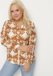 Brązowa Koszula z Wiskozą w Ornamentalny Wzór z Dekoltem w Serek Iladelle. Brązowe koszule damskie Born2be, plus size, bez wzorów, z jeansu, eleganckie, bez kołnierzyka, plus size, bez ramiączek. Za 69.99 zł.