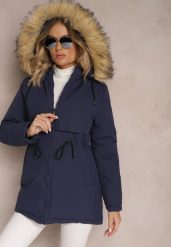 Granatowa Kurtka Parka z Kapturem z Futerkiem Bimi. Niebieskie kurtki damskie Renee, na jesień, l, z kapturem. Za 169.99 zł.