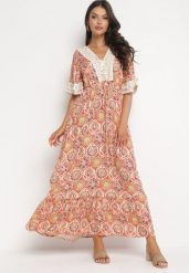 Pomarańczowa Maxi Sukienka w Stylu Boho z Wiskozy Ozdobiona Koronką i Falbanką Kamrius. Brązowe sukienki damskie Born2be, bez wzorów, z koronki, boho, bez ramiączek. Za 139.99 zł.