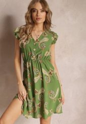 Zielona Rozkloszowana Sukienka Mini we Wzór Paisley Rachelli. Zielone sukienki damskie Renee, z aplikacjami, eleganckie, bez ramiączek. W wyprzedaży za 55.99 zł.
