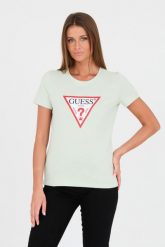 GUESS Zielony t-shirt Original Tee. Zielone t-shirty damskie Guess, s, z aplikacjami, z bawełny, bez kołnierzyka. W wyprzedaży za 127.99 zł.