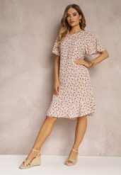 Beżowa Sukienka Midi o Pudełkowym Kroju w Kwiaty Kimbr. Brązowe sukienki damskie Renee, bez wzorów, bez ramiączek. W wyprzedaży za 39.99 zł.