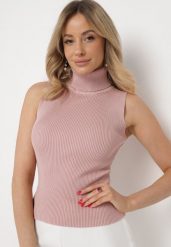 Jasnoróżowa Bluzka z Golfem bez Rękawów z Elastycznego Materiału Heliordia. Czerwone golfy damskie Born2be, uniwersalny, bez wzorów, bez ramiączek. Za 39.99 zł.