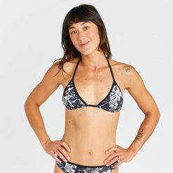 Góra kostiumu kąpielowego surfingowego damska Olaian Mae Borneo. Czarne bikini OLAIAN, bez wzorów, z elastanu. Za 29.99 zł.