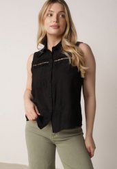 Czarna Wiskozowa Koszula Bez Rękawów w Stylu Boho z Haftem Viviebelle. Czarne koszule damskie Born2be, m, bez wzorów, z wiskozy, boho, bez kołnierzyka, bez ramiączek. Za 79.99 zł.