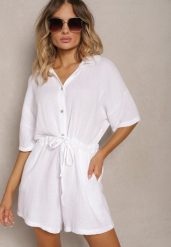 Biały Bawełniany Kombinezon Muślinowy Ozdobiony Troczkami Zapinany na Guziki Dlissa. Białe sukienki damskie Renee, bez wzorów, z bawełny, eleganckie, bez ramiączek. W wyprzedaży za 99.99 zł.