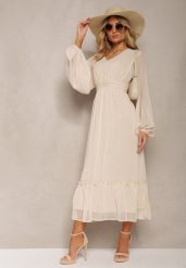 Beżowa Plisowana Sukienka Koktajlowa Ozdobiona Guzikami i Falbankami Osumia. Brązowe sukienki damskie Renee, bez wzorów, eleganckie, bez ramiączek. W wyprzedaży za 119.99 zł.