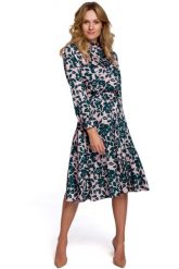Rozkloszowana Sukienka w Kwiaty ze Stójką - Model 3. Czarne sukienki damskie MOE, bez wzorów, z materiału, wizytowe, bez ramiączek. Za 324.90 zł.