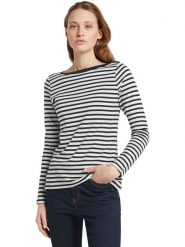 TOM TAILOR Denim Koszulka w kolorze granatowo-białym rozmiar: S. Białe bluzki damskie TOM TAILOR DENIM, s, bez wzorów, z bawełny, bez kołnierzyka, bez ramiączek. Za 57.73 zł.