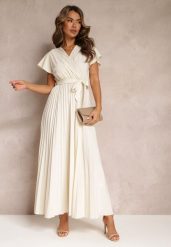 Jasnobeżowa Koktajlowa Maxi Sukienka Ozdobiona Plisami z Trójkątnym Dekoltem i Wiązaniem w Talii Phoelia. Brązowe sukienki damskie Renee, bez wzorów, eleganckie, bez ramiączek. W wyprzedaży za 63.99 zł.