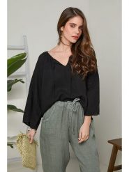 Rodier Lin Lniana bluzka w kolorze czarnym rozmiar: XL/XXL. Czarne bluzki damskie Rodier Lin, xl, bez wzorów, ze lnu, bez kołnierzyka, bez ramiączek. Za 127.35 zł.