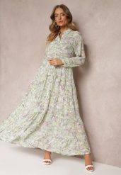 Miętowa Koszulowa Sukienka Maxi w Kwiaty z Falbaną na Dole Nilmisse. Zielone sukienki damskie Renee, bez wzorów, bez ramiączek. W wyprzedaży za 135.99 zł.