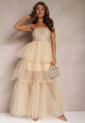 Beżowa Wieczorowa Sukienka Maxi Ozdobiona Cekinami i Falbankami z Tiulu Neptina. Brązowe sukienki damskie Renee, bez wzorów, z tiulu, wizytowe, bez ramiączek. Za 149.99 zł.