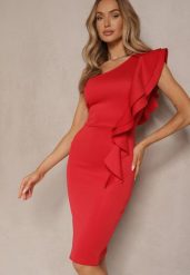 Czerwona Sukienka na Jedno Ramię z Falbaną Lenoska. Czerwone sukienki damskie Renee, bez wzorów, eleganckie, bez ramiączek. W wyprzedaży za 91.99 zł.