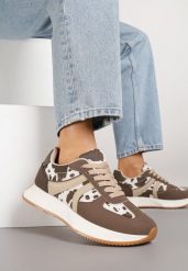 Brązowo-Białe Sneakersy z Geometrycznym Wzorem i Printem w Łaty Velwettia. Brązowe obuwie sportowe damskie Renee, na lato, bez zapięcia, trekkingowe. Za 99.99 zł.