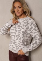 Jasnoszary Klasyczny Sweter z Wełną w Kolorowy Wzór w Panterkę Zinovella. Szare swetry klasyczne damskie Renee, na zimę, l, z wełny, bez kołnierzyka. Za 59.99 zł.