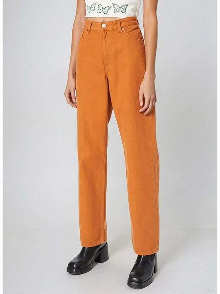 Monki Dżinsy - Regular fit - w kolorze pomarańczowym rozmiar: W24. Pomarańczowe jeansy damskie Monki, z podwyższonym stanem. Za 60.99 zł.