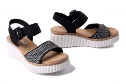RIEKER 69176-00 black, sandały damskie. Czarne sandały damskie Rieker, bez wzorów, bez obcasa, na koturnie, bez zapięcia. Za 230.93 zł.