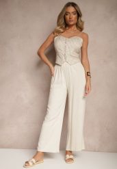 Beżowe Szerokie Spodnie z Lnem High Waist Sanitria. Brązowe spodnie materiałowe damskie Renee, bez wzorów, z jeansu. Za 49.99 zł.