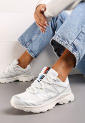 Biało-Srebrne Sneakersy przed Kostkę Ściągane Gumką z Ozdobnymi Wstawkami na Cholewce Axliara. Białe obuwie sportowe damskie Born2be, z materiału, przed kostkę, bez zapięcia. Za 99.99 zł.