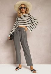 Szare Spodnie o Luźnym Fasonie ze Sznurkiem i Gumką w Talii Enivea. Szare spodnie materiałowe damskie Renee, bez wzorów, z jeansu. Za 34.99 zł.
