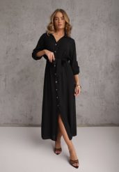 Czarna Koszulowa Sukienka Utility z Bawełny z Wiązanym Paskiem w Talii Retona. Czarne sukienki damskie Renee, bez wzorów, z bawełny, boho, bez ramiączek. Za 159.99 zł.